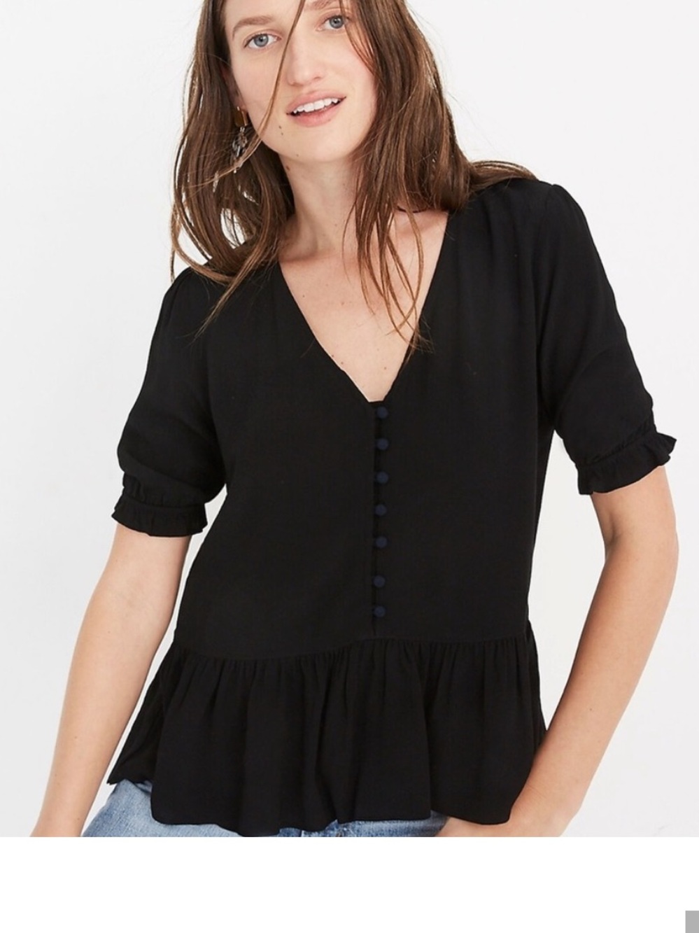 Madewell Black Ruffle Peplum V-Neck Blouse